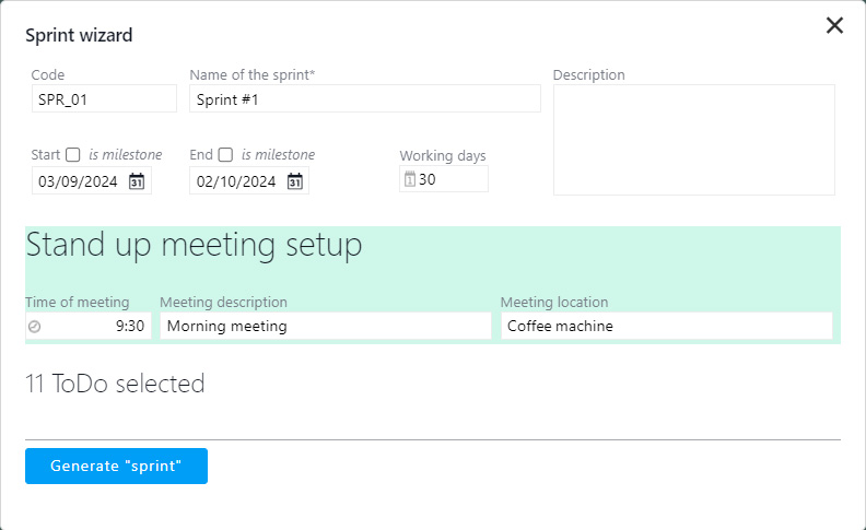 Sprint creation with stand-up meeting