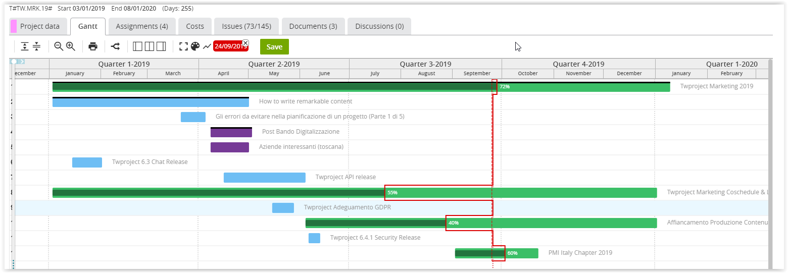 New Twproject Release – Project progress check bars on Gantt