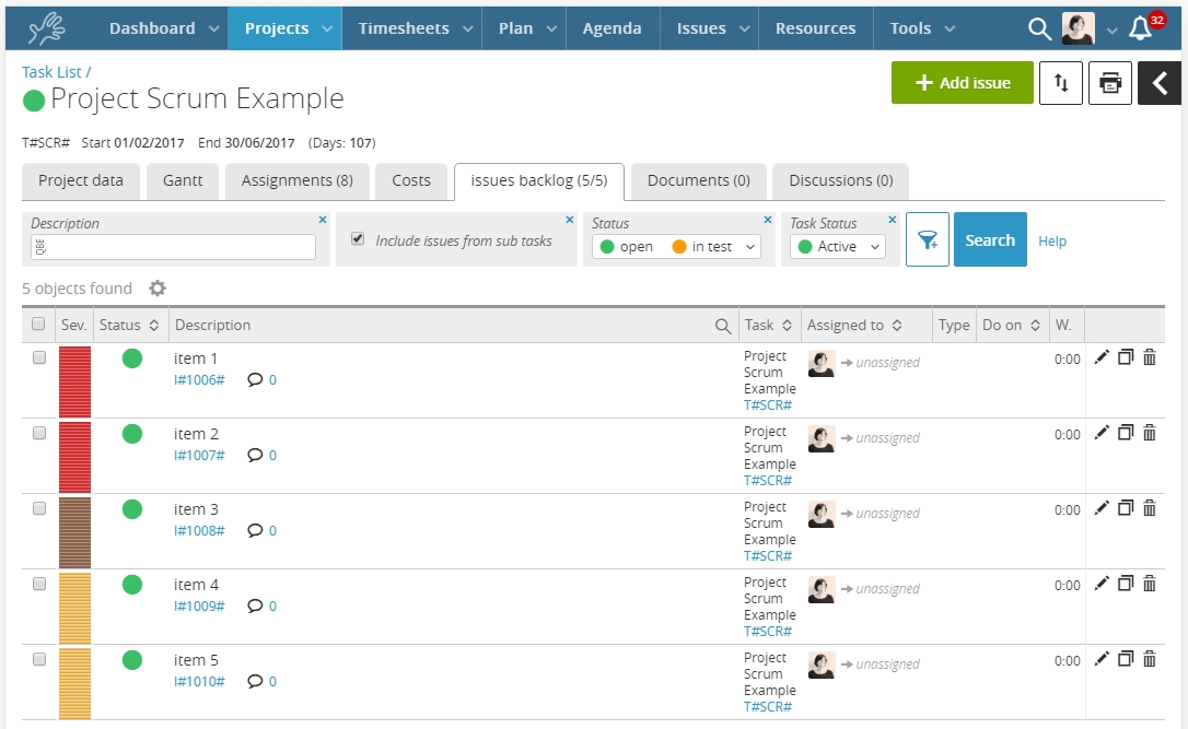 Scrum backlog con Twproject