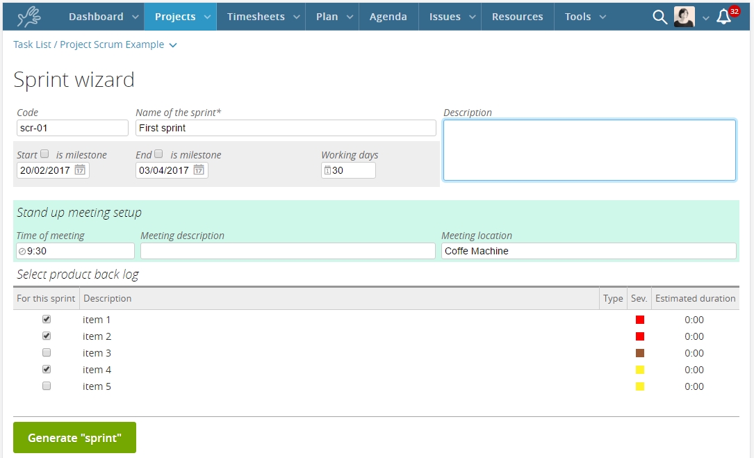 Twproject sprint per metodologia scrum